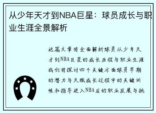 从少年天才到NBA巨星：球员成长与职业生涯全景解析